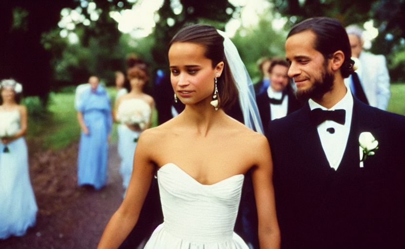 prompthunt: movie still close-up portrait of skinny Alicia Vikander in a wedding  dress happily marrying a morbidly obese bearded nerd, by David Bailey,  Cinestill 800t 50mm eastmancolor, heavy grainy picture, very detailed