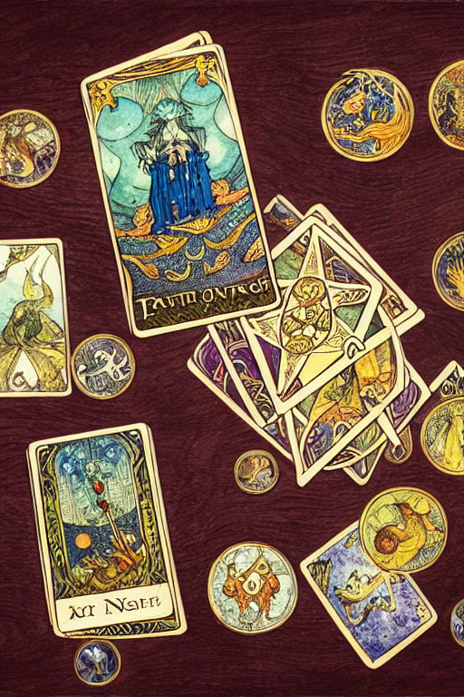 prompthunt: fantasy tarot cards and coins on a wooden table seen from  above, warm lighting, fantasy, intricate, elegant, highly detailed, digital  painting, artstation, concept art, matte, sharp focus, illustration, art by  kay