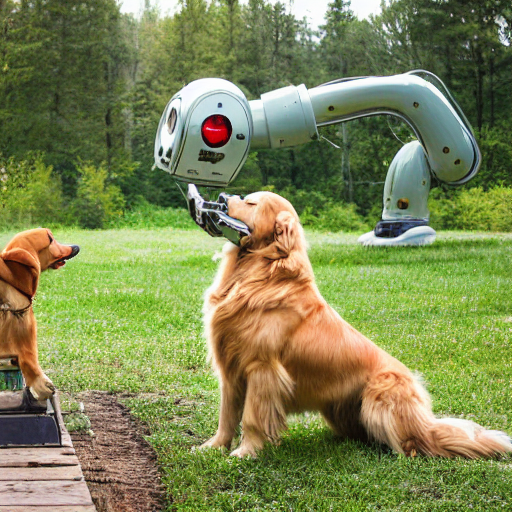 prompthunt: golden retriever curiously looking at a robot girl, log cabin,  photograph