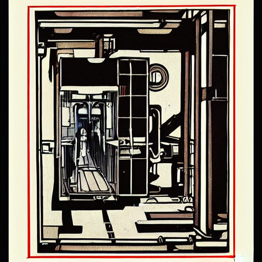 prompthunt: A beautiful print of a giant machine with a human being inside  of it. de stijl by Isaac Levitan forbidding