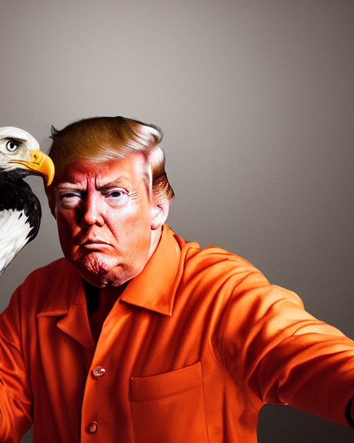 closeup portrait of of angry donald trump wearing orange prison pajamas sitting on a bed petting a bald eagle in a filthy prison, cinematic masterpiece, octane, dramatic lighting, editorial photo, 35mm, very detailed