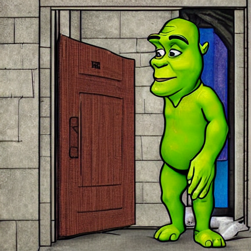 prompthunt: digital art of shrek opening toilet door