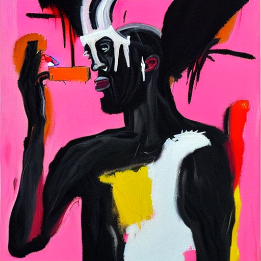 prompthunt: A mirror selfie of a black handsome muscular man with white  angel wings and black devil horns holding an iPhone, pitchfork, full body,  pink background, abstract jean-Michel Basquiat!!!!!!!! oil painting with