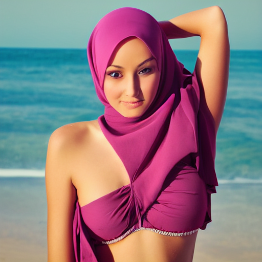 prompthunt: hijab girl with bikini, realistic photo shoot,