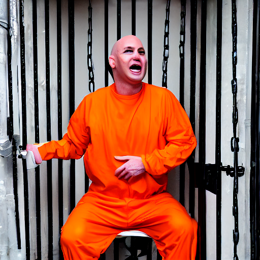 donald trump wearing orange prison jumpsuit, locked behind bars, crying and whining, bald.