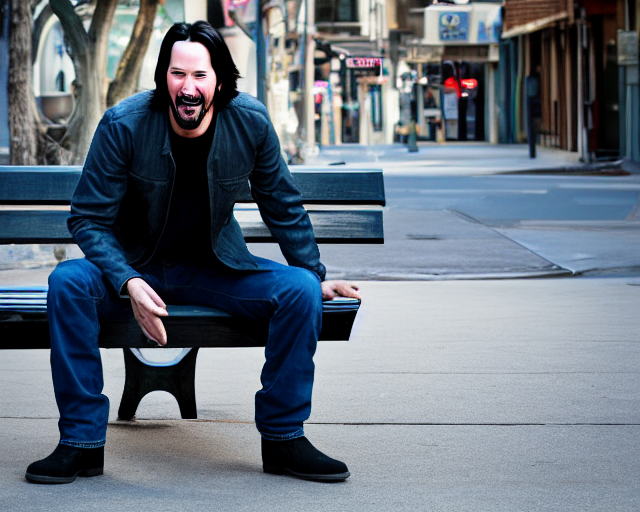 prompthunt: 5 5 mm photo of happy keanu reeves in blue jeans and black  jacket sitting on a bench in the street. dof. lifelike. ultra detailed.  intricate. soft light. nikon d 8 5 0.