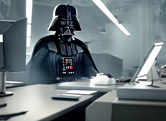 prompthunt: film still of Darth Vader working in and office at a computer  bored in the new Star Wars movie, 4k