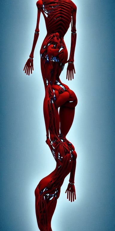 poster design, full body anatomical model, 3 d photographic render of a deconstructed asymmetric human anatomical correct human body, in hoc signo vinces, waterfall, in the style of leonora carrington, gottfried helnwein, intricate composition, blue light by caravaggio, insanely quality, highly detailed, masterpiece, red light, artstation