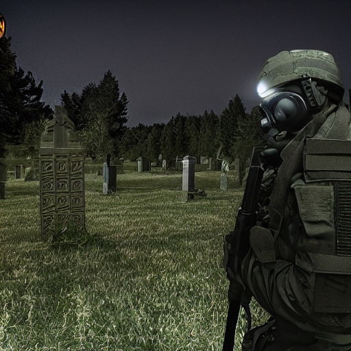 prompthunt night vision NVG military raid at a cemetery, sinister