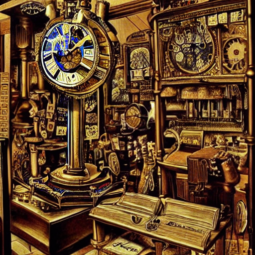 prompthunt: interior of a steampunk clock shop, father time tinkering, old  grandfather clocks everywhere, realistic, very intricate hyper detailed  collage on paper