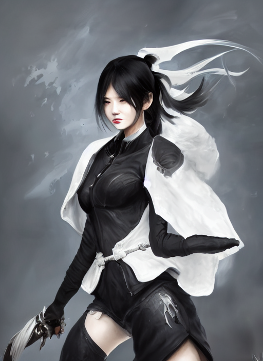 prompthunt: a highly detailed illustration of fierce messy ponytail black  haired one armed delinquent japanese woman wearing white cap wearing long  white jacket cape, dramatic wielding sword pose, muscular, intricate,  elegant, highly