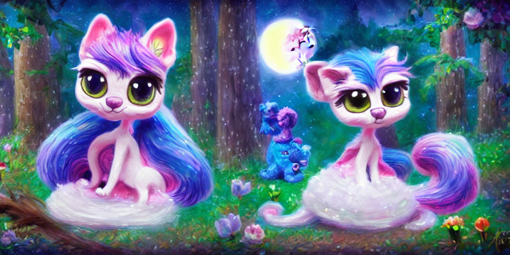 prompthunt: 3 d littlest pet shop cat, lacey accessories, glittery wedding,  ice cream, gothic, raven, rainbow, smiling, forest, moon, stars, master  painter and art style of noel coypel, art of emile eisman -