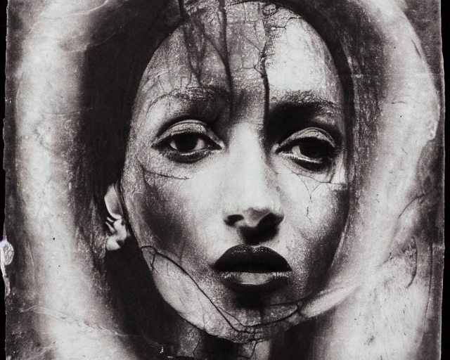 movie still, germaine krull, a black and white photo of a woman's face, a charcoal drawing by Hans Erni, afro futurismn, ambrotype, multiple exposure