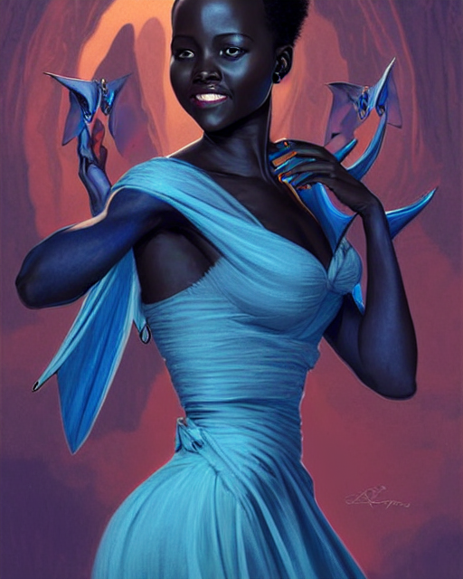 prompthunt: Lupita Nyong'o as a succubus in an elegant blue dress, D&D,  fantasy, intricate, elegant, highly detailed, digital painting, artstation,  concept art, matte, sharp focus, illustration, hearthstone, art by Artgerm  and Greg
