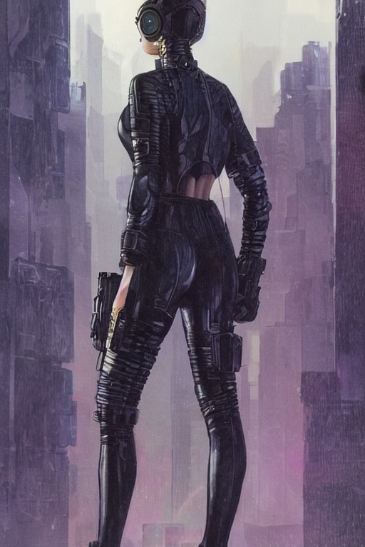 prompthunt: selina. blackops spy in near future tactical gear, stealth  suit, and cyberpunk headset. Blade Runner 2049. concept art by James Gurney  and Mœbius.