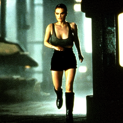 prompthunt: anna paquin in bladerunner by ridley scott, sexy black shorts,  wearing black boots, wearing a sexy cropped top, 4 k quality, highly  detailed, realistic, intense, cyberpunk