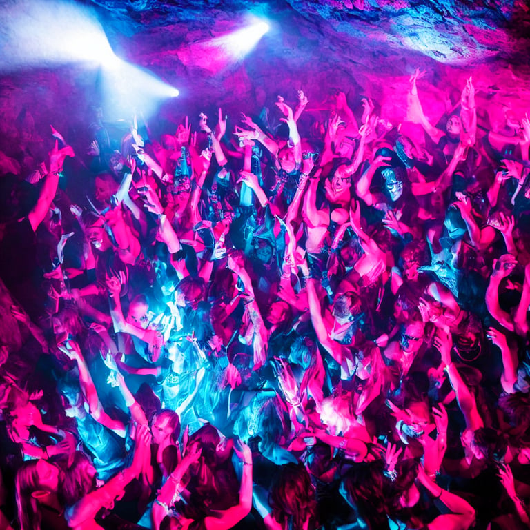 prompthunt: cinematic shot of a goth nightclub rave in a cave, brutal  weaponry made of pink lasers and blue crystals, goth people dancing, 8k  photograph