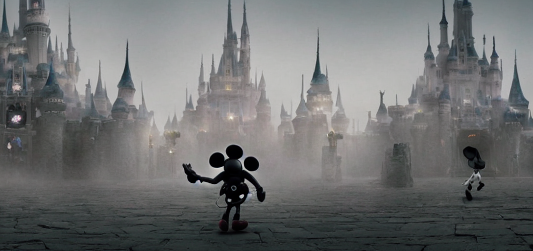 evil epic mickey mouse walking out from epic temple, foggy, cinematic shot, photo still from movie by denis villeneuve, wayne barlowe