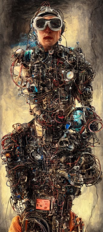 prompthunt: a guy connected to wires and tubes, wearing goggles,  cybernetic, dystopian, Neo Rococo Expressionist, Maximalism, orientalism,  diffuse lighting, fantasy, intricate, elegant, highly detailed, lifelike,  photorealistic, digital painting ...