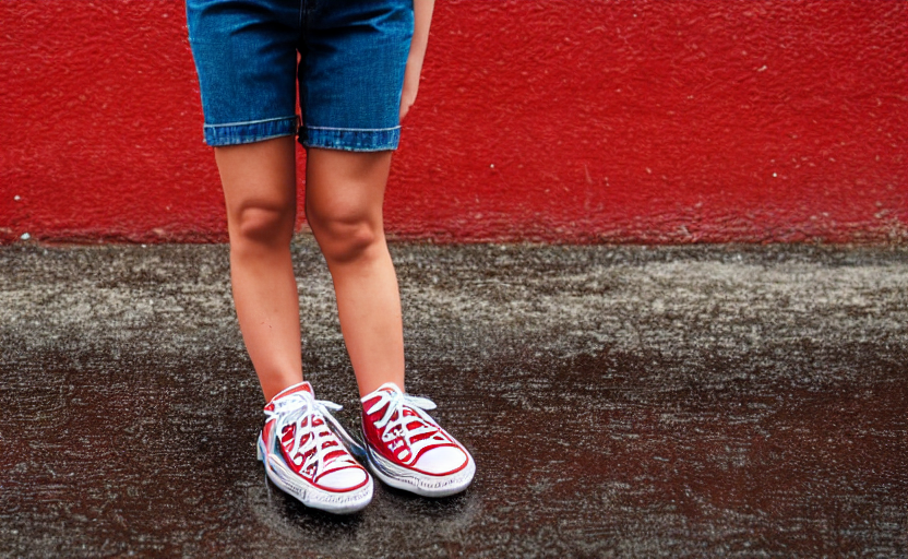 prompthunt: side view of the legs of a woman sitting on a curb, very short  pants, wearing red converse shoes, wet aslphalt road after rain, blurry  background, sigma 8 5 mm