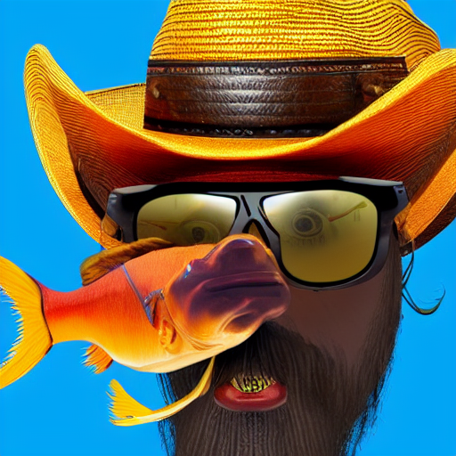 prompthunt: a fish with cowboy hat. The fish has a beard, mustache, red  sunglasses and a guitar, side shot, photorealistic, detailed, 8k