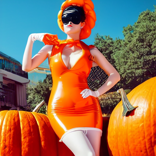 prompthunt: Sexy look young girl with big bust wearing stylish bandana and  witch glasses, orange draped latex dress and white latex gloves holding a  big pumpkin retrowave anime 2022