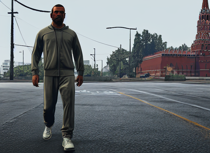prompthunt: cinematic screenshot gta 5, rain, lenin in adidas tracksuit,  churches, buildings, road, moskvich, rtx reflections, gta vi, moscow,  soviet apartment buildings, award winning, artstation, intricate details,  realistic, hyperdetailed, 8 k ...