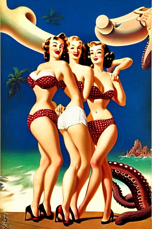 prompthunt: 1940s group of pinup bikini girls being hugged by giant painting, Gil Elvgren