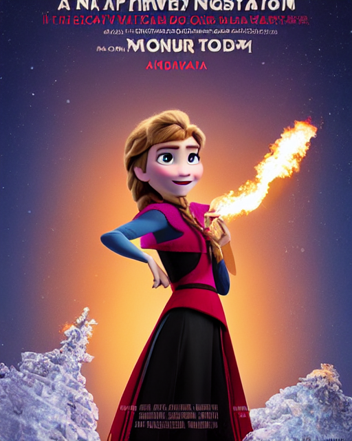 prompthunt: a movie poster with anna from frozen, a cigarette in her mouth, holding a flamethrower pointing the sky.