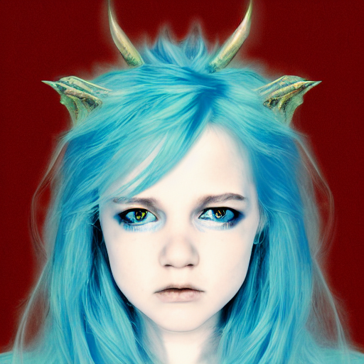 portrait of young girl half dragon half human, dragon girl, dragon skin, dragon eyes, dragon crown, blue hair, long hair, By David Lynch