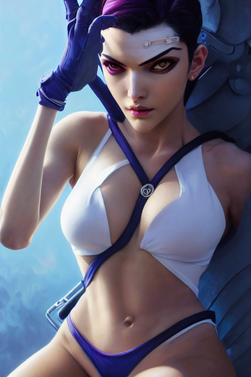 prompthunt: painting of widowmaker from overwatch, closed swimsuit, white  skin color, ultra realistic, sharp details, subsurface scattering,  intricate details, warm lighting, beautiful features, highly detailed,  photorealistic, octane render, 8 k ...