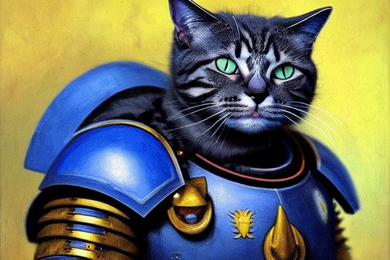 a portrait of a cat as a Space Marine from the Warhammer 40k, ultramarine space marine cat, blue armor, glorious, masterpiece painting by Rembrandt, shoulderpad with omega white symbol