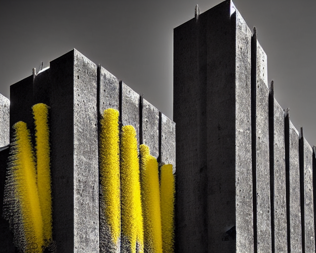 Yellow sponges. Dark metal towers. Soft yellow spikes, Stable Diffusion