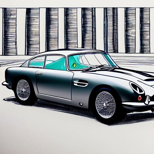 prompthunt: copic marker pen drawing of an aston martin db 5 concept car,  in a rich london business district street, medium range, sharp, very  detailed, high resolution, trending on artstation