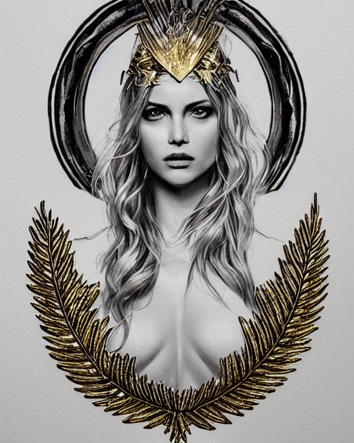 prompthunt: tattoo design sketch of hot blonde super model as aphrodite greek goddess wearing a gold laurel wreath and triangle earrings, beautiful piercing gaze with sharp pupils, in the style of greg