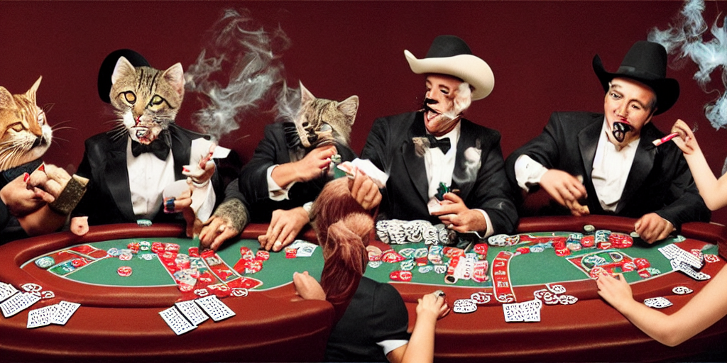prompthunt: five cats playing Texas holdem poker, smoking cigarettes and  singing