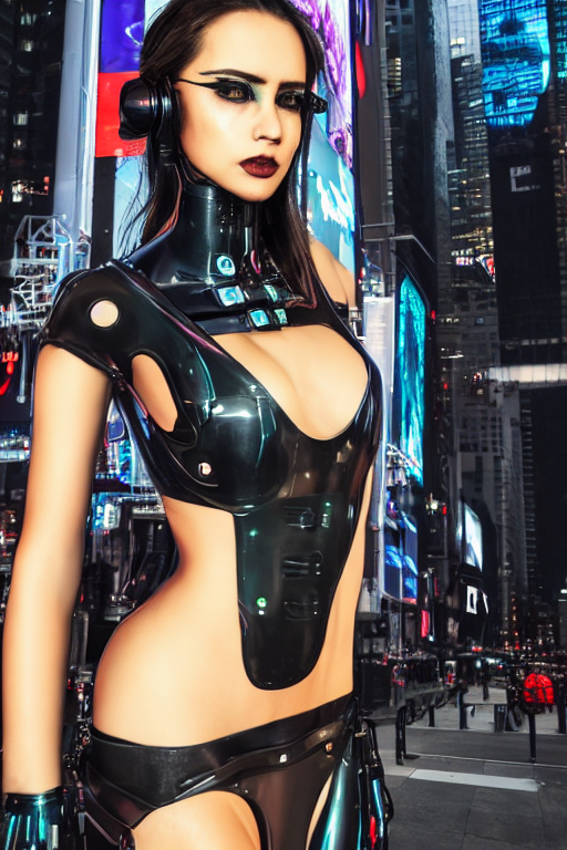 fully clothed women dresses in a cyberpunk aesthetic in body suit and high heels with cybernetic eye implants standing at times square circa 2 3 0 0, detailed face!!, beautiful eyes, film still, wide lens, hyperrealism, incredible detail, 8 k resolution, zeiss lens, canon eos, artstation, redshift, octane, detailed face!!,
