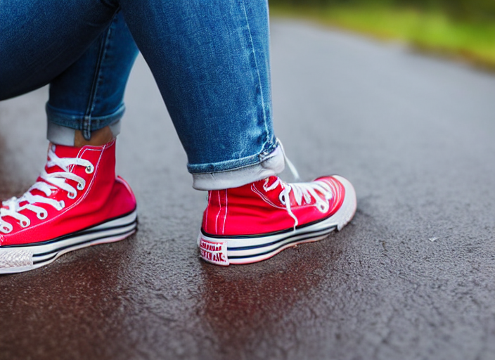 prompthunt: side view of the legs of a woman sitting on the ground on a  curb, very short pants, wearing red converse shoes, wet aslphalt road after  rain, blurry background, sigma 8