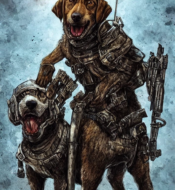 prompthunt: a good ol'hound dog fursona ( from the furry fandom ), heavily  armed and armored facing down armageddon in a dark and gritty version from  the makers of mad max :