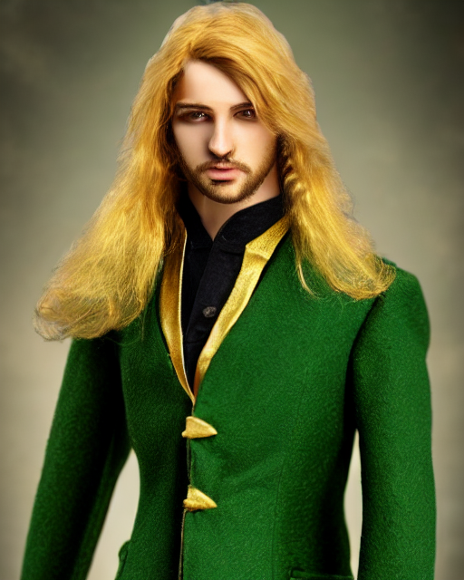 in green coat Male fantasy character with golden long hair