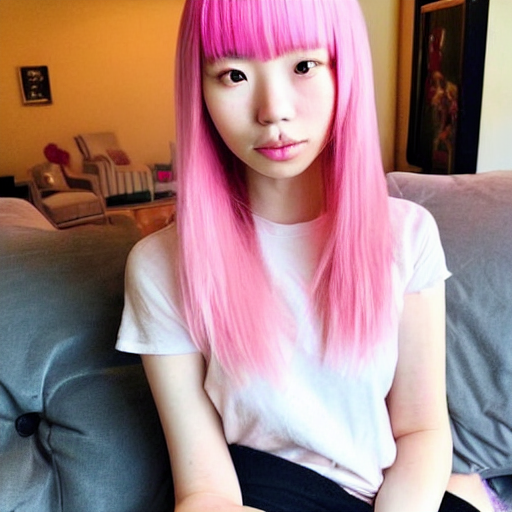 selfie photograph of a cute thin petite chinese young woman with light pink hair, long hair, with full bangs, small round face, small nose, porcelain skin tone, red blush, wearing casual clothes, small smile, relaxing on a couch, cozy living room, medium shot, 8 k, trending on instagram, trending on pinterest, portra 4 0 0