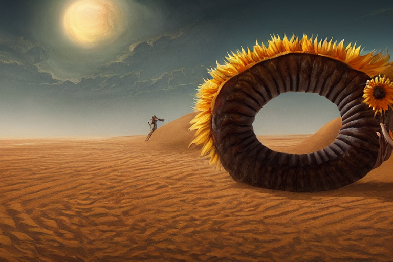 prompthunt: giant sand worm monster with the head of a sunflower