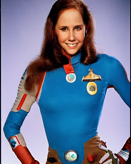 young Erin Gray as Colonel Wilma Deering from Buck Rogers in the 25th Century, dressed in a Cyan colored Spandex, she is gorgeous with long beauty hair, bright smile, and an ethereal likeness about her, photographed in the style of Annie Leibovitz, Studio Lighting