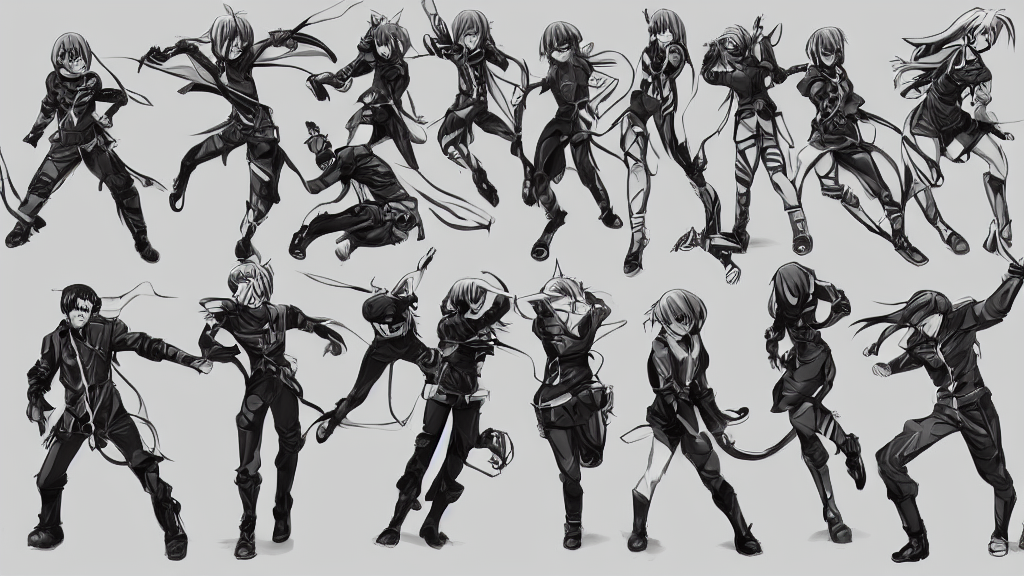 prompthunt: anime dynamic action poses sketch sheet, trending on
