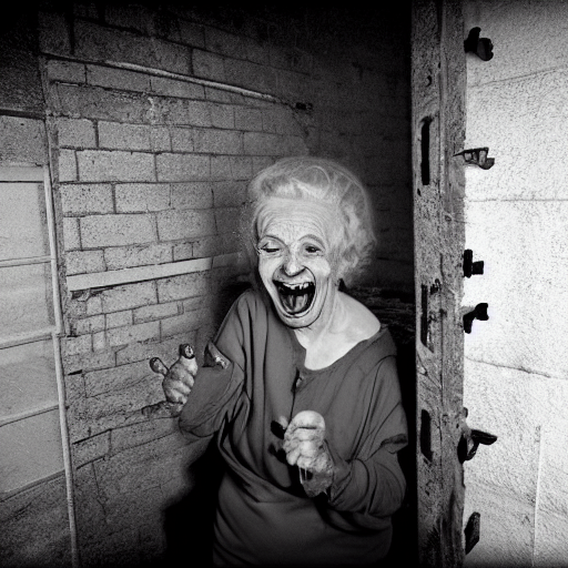 scary old lady laughing in an abandoned prison, security camera, black and white, real 