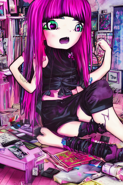 goth chibi anime girl with pink dreads sitting on the floor of a cluttered 9 0 s bedroom, vaporwave colors, lo - fi, concept art, smooth, detailed, 4 k, hd,