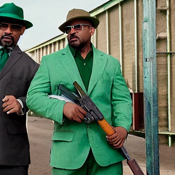prompthunt: Still of Big Smoke with green clothing with a baseball bat and  trilby hat in Better Call Saul