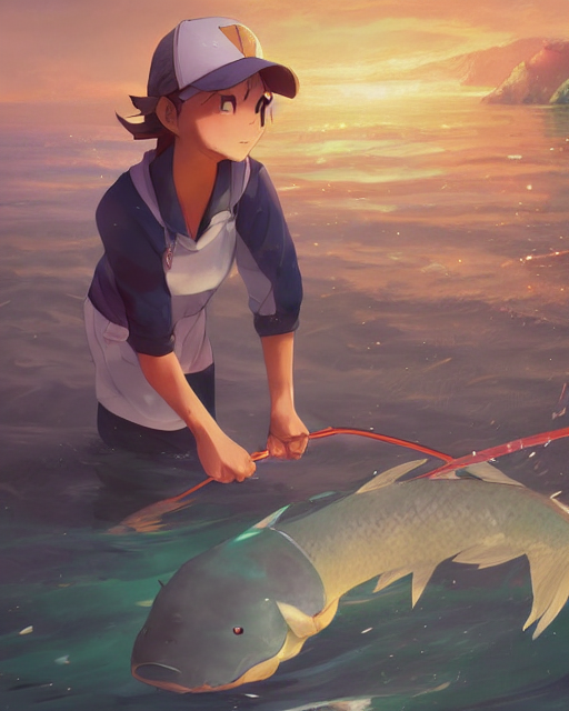 prompthunt: a female pokemon trainer fishing for magikarp, full