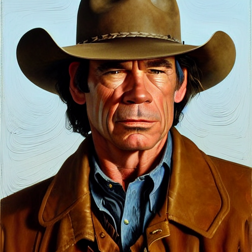 prompthunt: portrait of tommy lee jones as sheriff ed tom bell in no  country for old men. 7 0 s cowboy clothes and environment. flat colours.  warm colours. oil painting by lucian