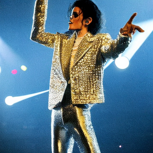 prompthunt: thin michael jackson standing on stage live at the indoor o 2  arena wearing a sparkling white diamond outfit with large thin shoulder  pads!!!!! doing a concert, multiple flashing lights and